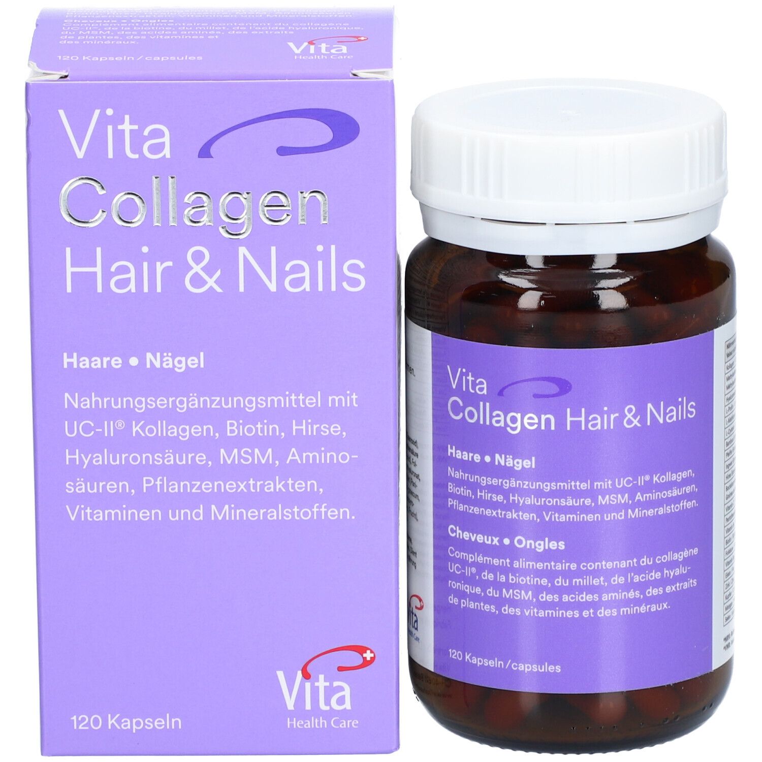 Produktpackung mit Flasche und Schachtel. Aufschrift: Vita Collagen Hair & Nails. 120 Kapseln. Vita Health Care.