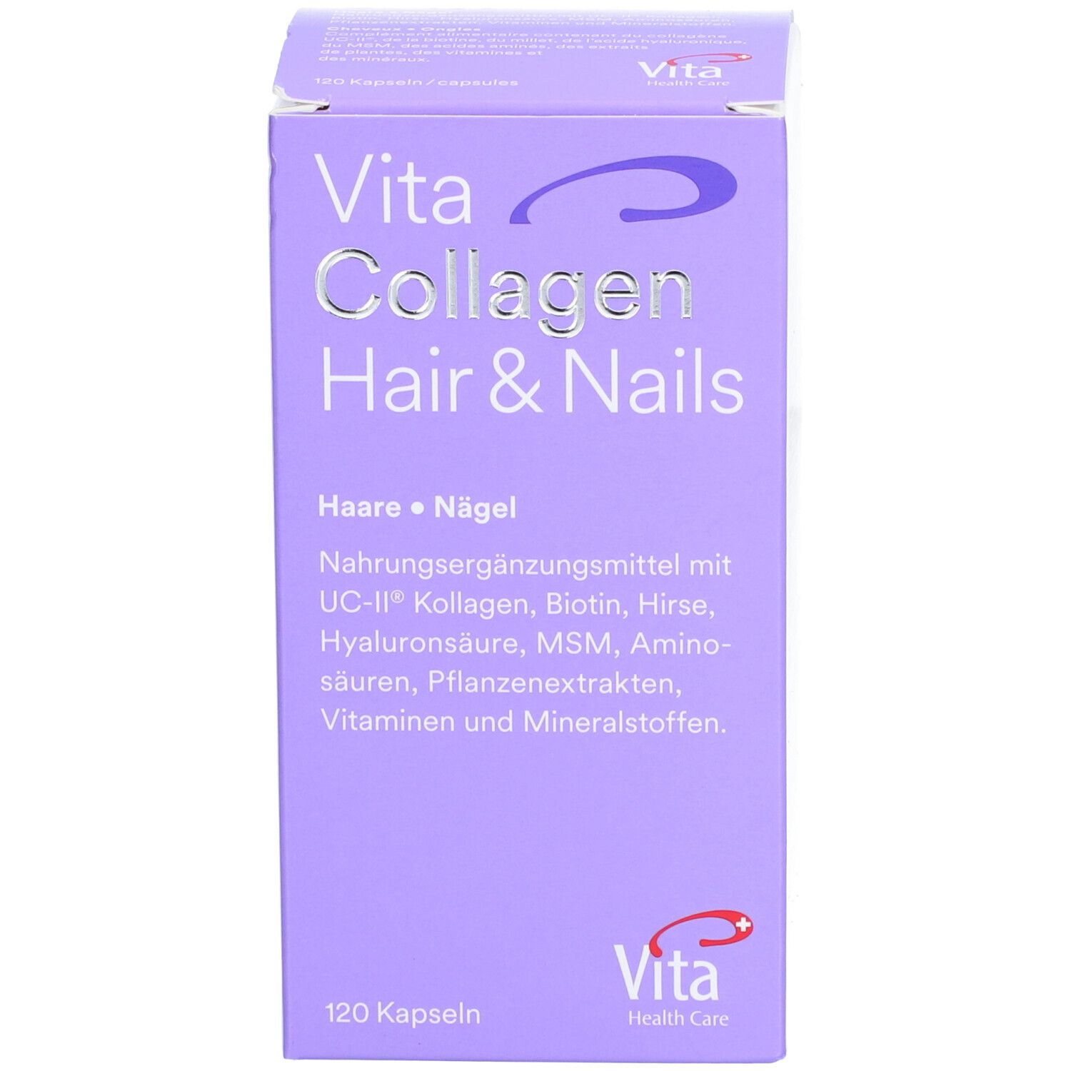 Produktverpackung, lila Schachtel. Aufschrift: Vita Collagen Hair & Nails. 120 Kapseln. Vita Health Care Logo.