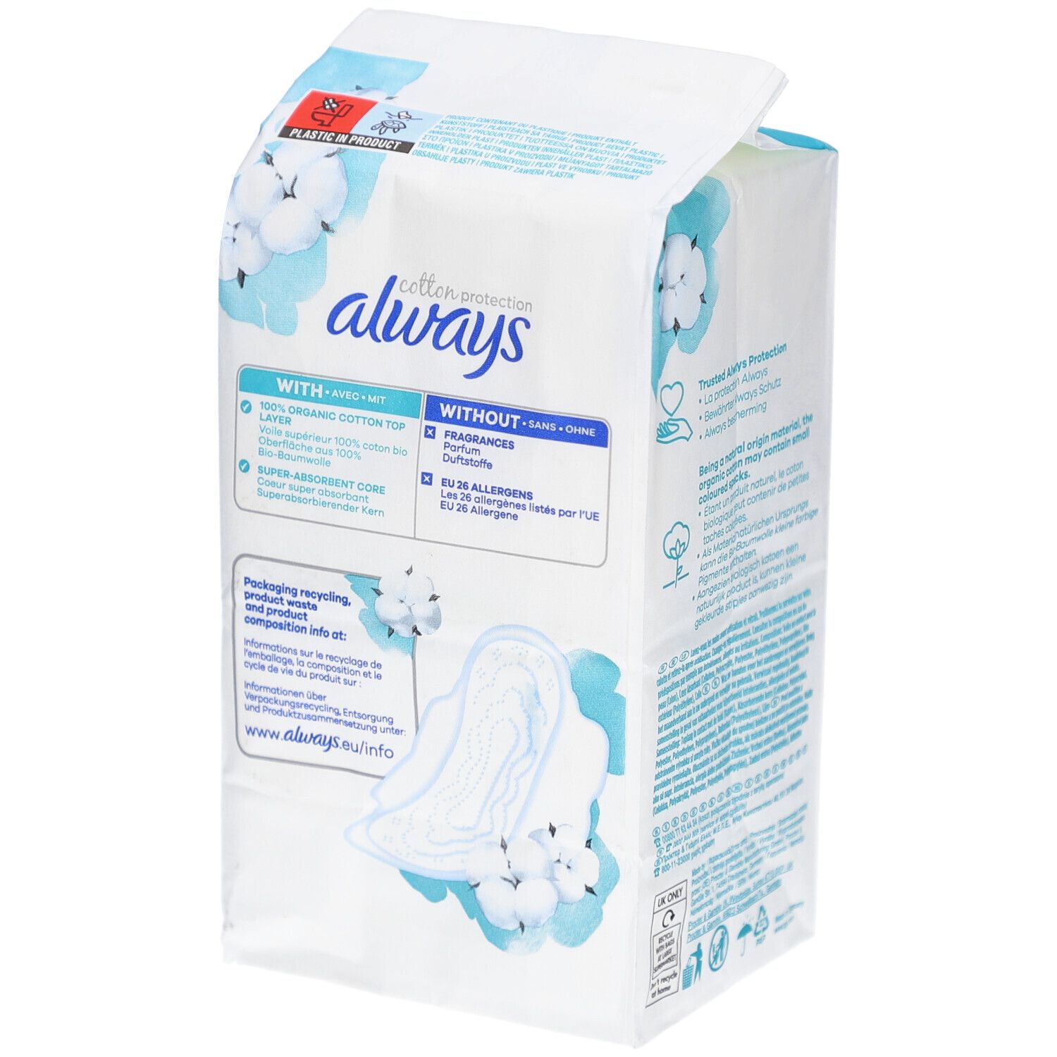 ALWAYS Ultra Binde ohne Duftstoffe. Verpackung mit Produktinformationen und Produktabbildung.
