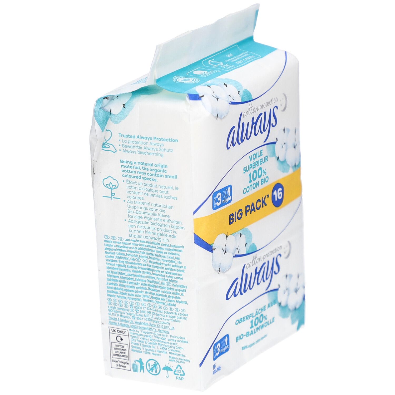 Always Cotton Protection Pack. Rückseite mit Text und Baumwoll-Illustrationen. Angaben zu Inhaltsstoffen.