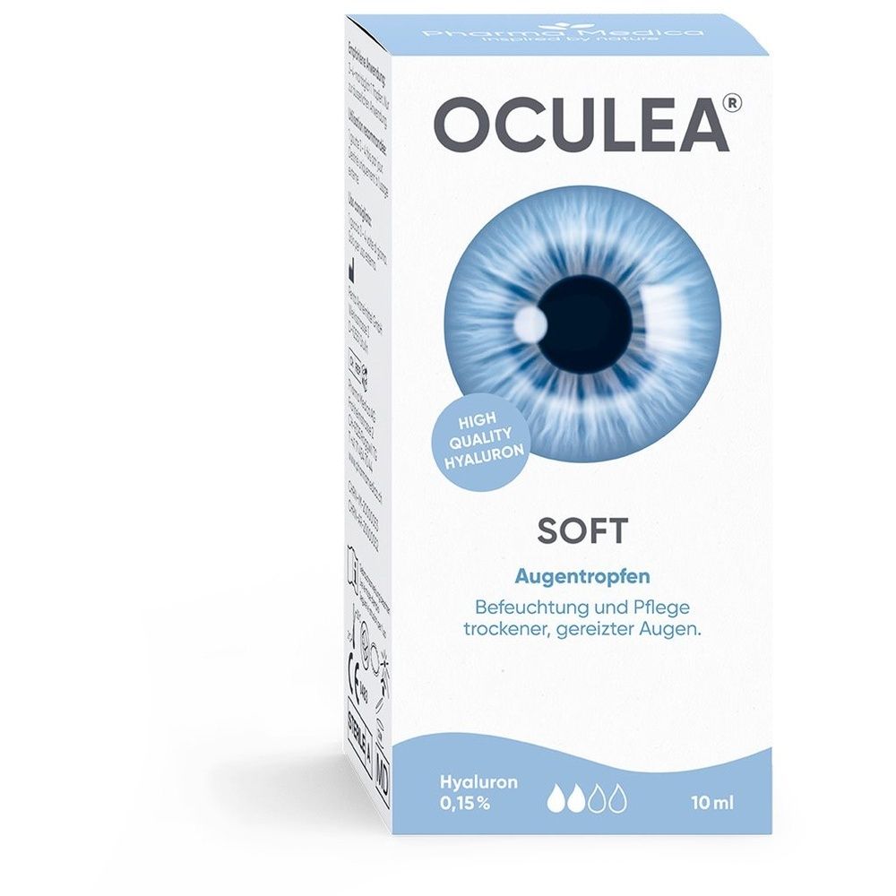 Karton mit Produktabbildung eines Auges. Aufschrift: OCULEA SOFT Augentropfen. Enthält Hyaluron 0,15%.