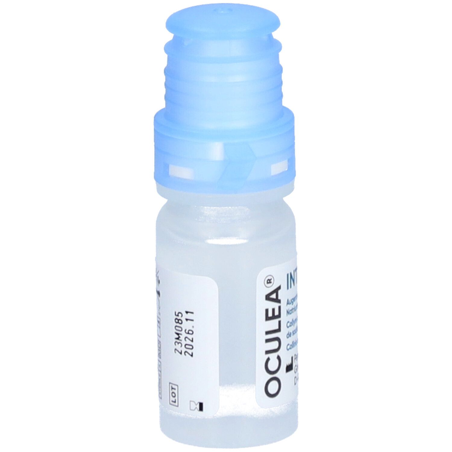 Augentropfen-Fläschchen mit blauem Verschluss. Aufschrift: OCULEA, INTENSE. Aufkleber mit Chargennummer und Verfallsdatum.