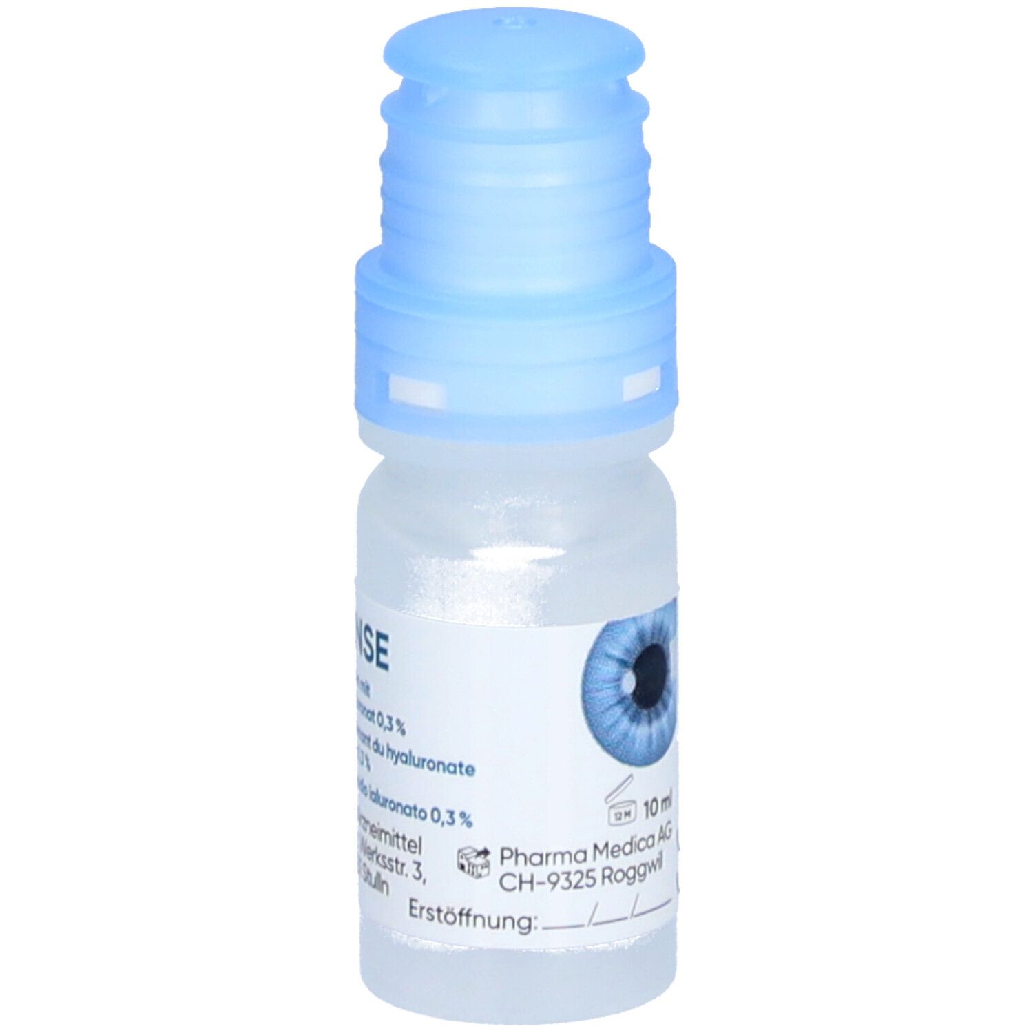 Augentropfen-Fläschchen mit blauem Verschluss. Aufschrift: OCULEA, INTENSE. 10 ml. Abbildung eines Auges. Pharma Medica AG.