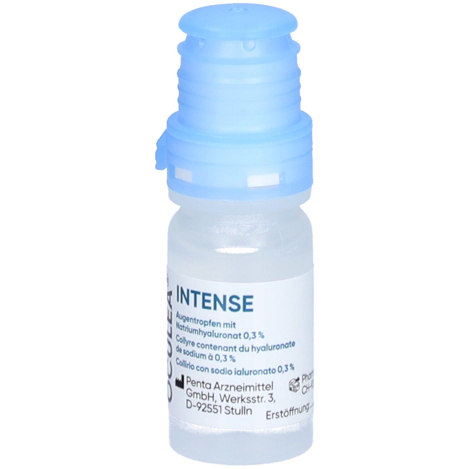 Augentropfen-Fläschchen mit blauem Verschluss. Beschriftung: OCULEA INTENSE, Augentropfen mit Natriumhyaluronat 0,3%.