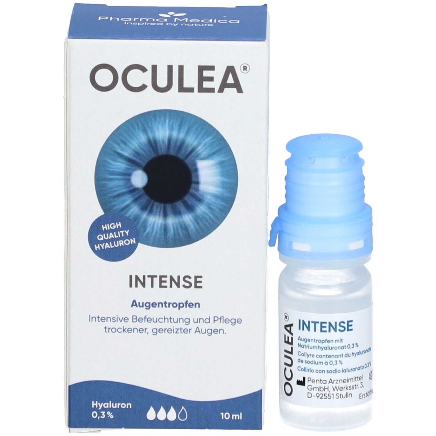 Produktverpackung und Augentropfen-Fläschchen. Verpackung: OCULEA INTENSE, Augentropfen. Fläschchen mit blauem Verschluss.