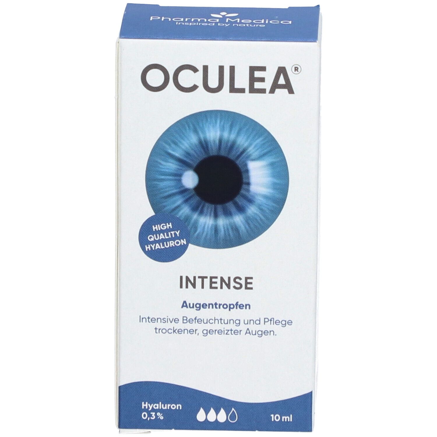Produktverpackung. Aufschrift: OCULEA INTENSE, Augentropfen. Abbildung eines Auges. 10 ml. Hyaluron 0,3%.