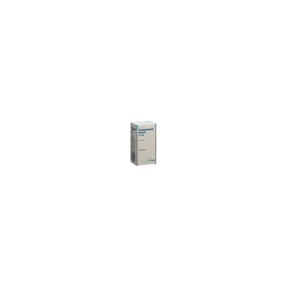 Karton mit Produktinformationen. Aufschrift: Temozolomid Devatis 5 mg. Packung mit 5 Stück.