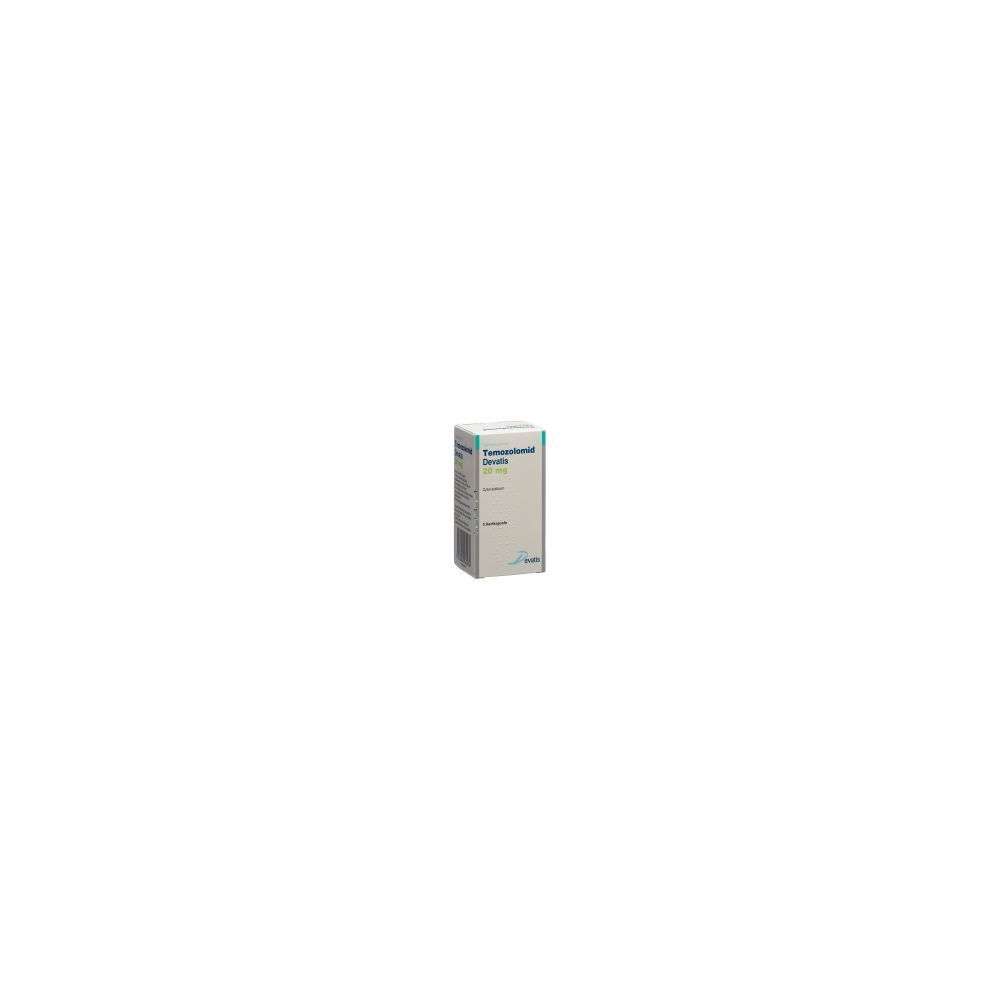 Karton TEMOZOLOMID Devatis Kaps 20 mg. Aufschrift: Fl 5 Stk. Weiß, blau und grün. Aufdrucke auf allen Seiten.