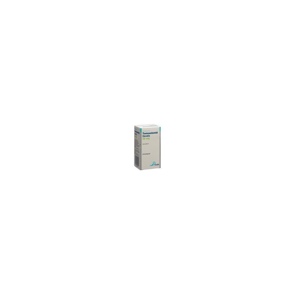 Kartonverpackung mit Produktinformationen. Beschriftung: Temozolomid Devatis Kaps 20 mg Fl 20 Stk. Aufdruck mit Logo.