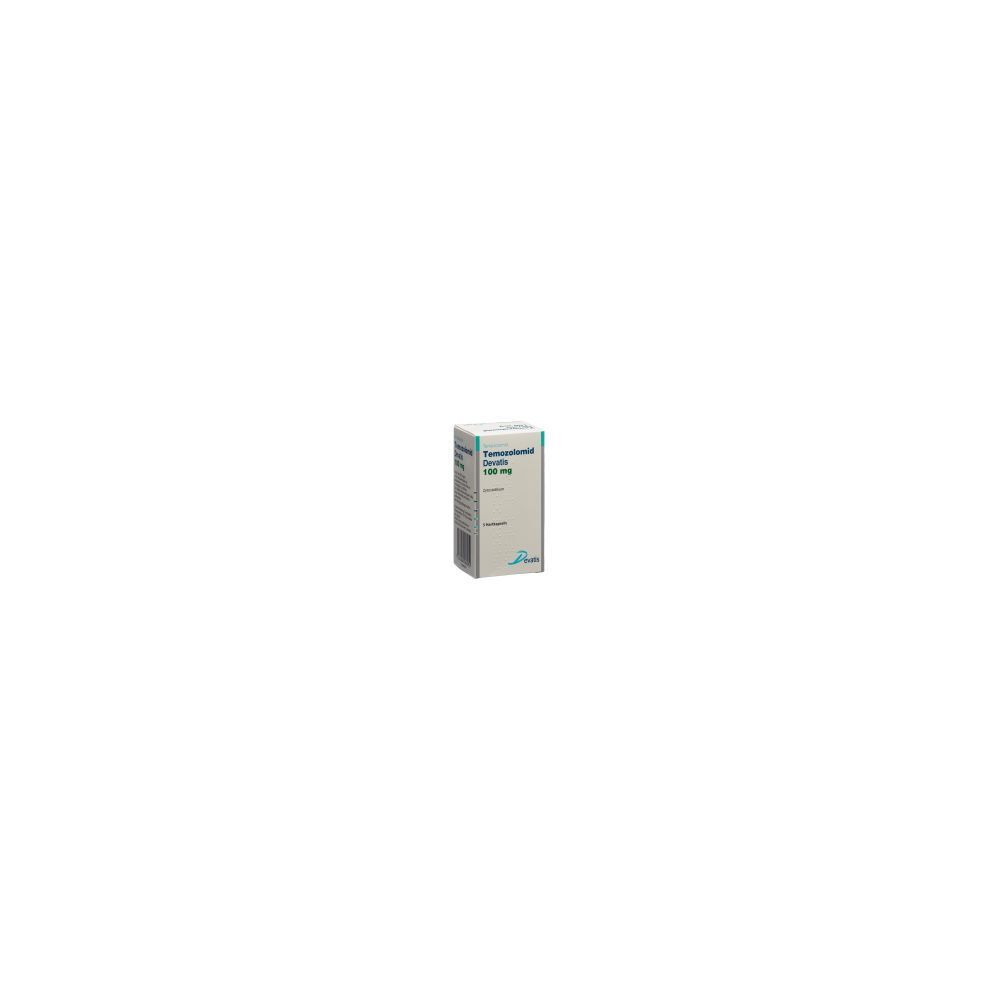 Kartonverpackung mit Produktinformationen. Aufschrift: Temozolomid Devatis Kaps 100 mg. Logo.