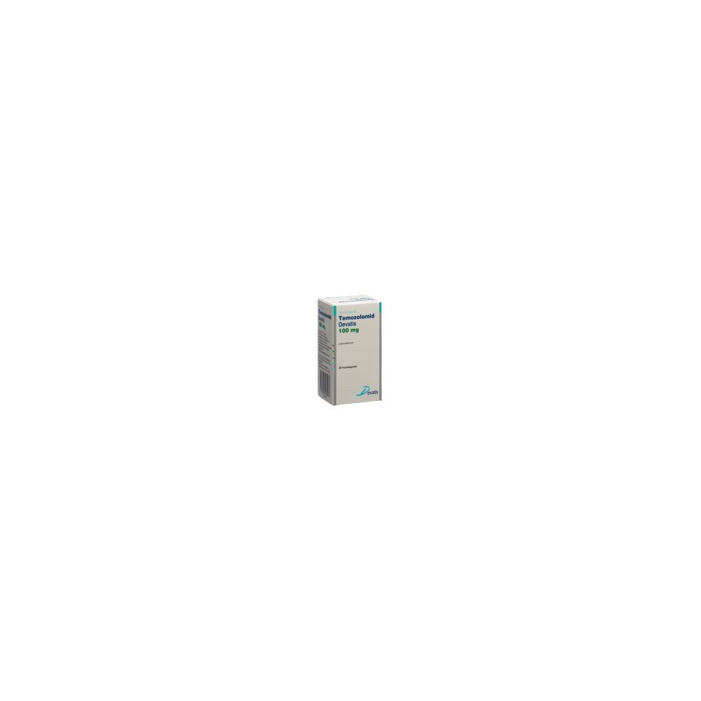 Karton mit Produktinformationen. Aufschrift: Temozolomid Devatis, 100 mg.