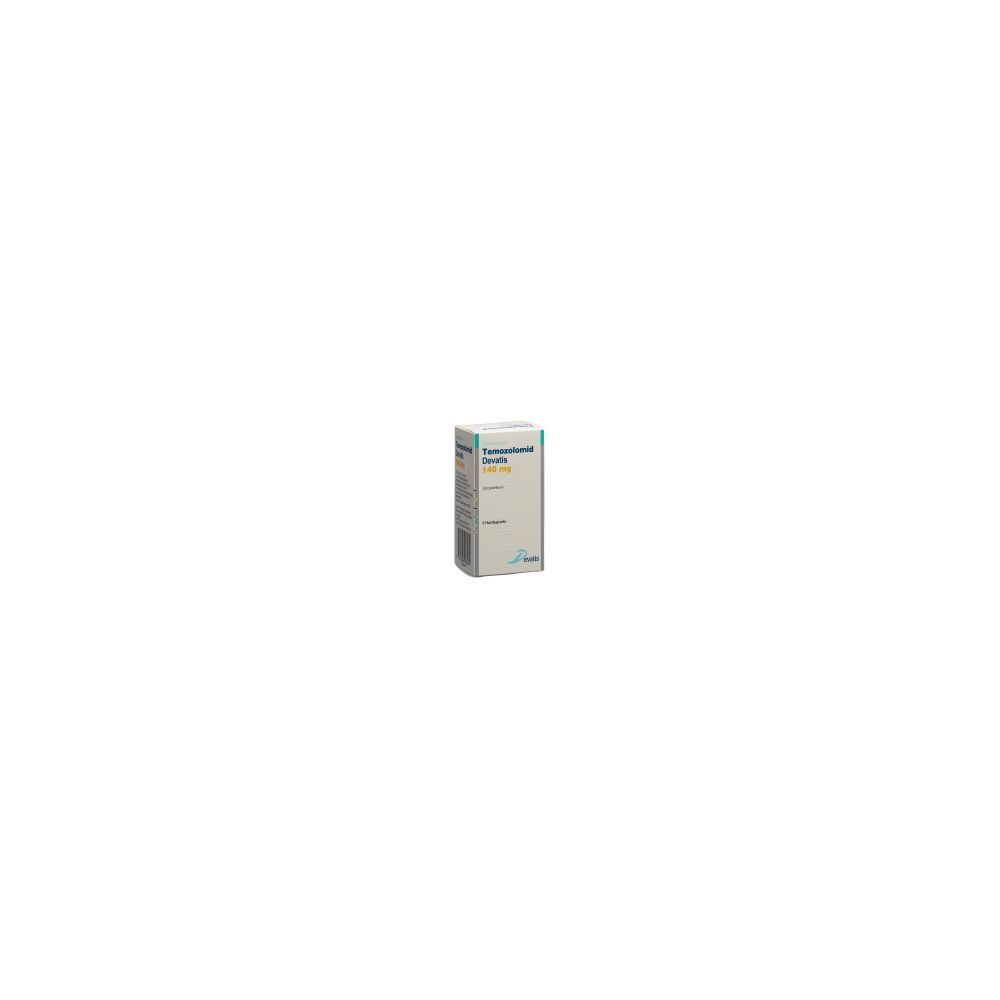 Karton mit der Aufschrift Temozolomid Devatis Kaps 140 mg. Die Packung enthält 5 Stück. Aufdrucke in Türkis und Gelb auf weißem Grund.