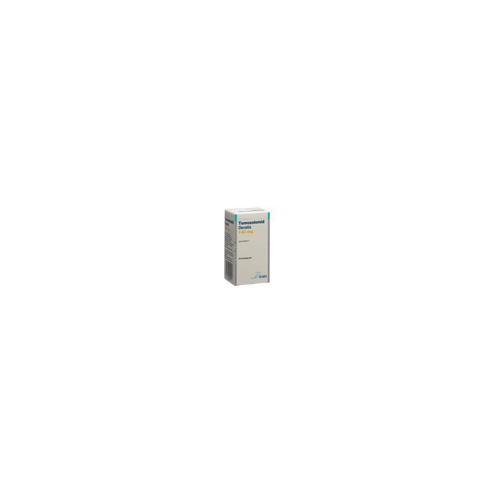 Karton mit Produktinformationen. Aufschrift: TEMOZOLOMID Devatis Kaps 140 mg Fl 20 Stk. Grün-weiße Farbgebung.