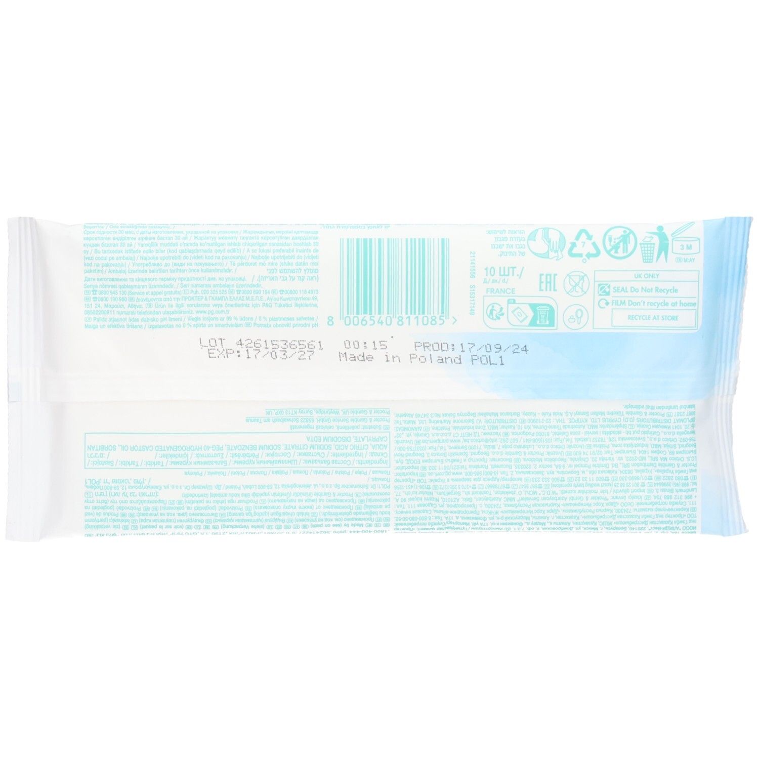 Verpackung von Feuchttüchern mit Barcode und Hinweisen zur Entsorgung.