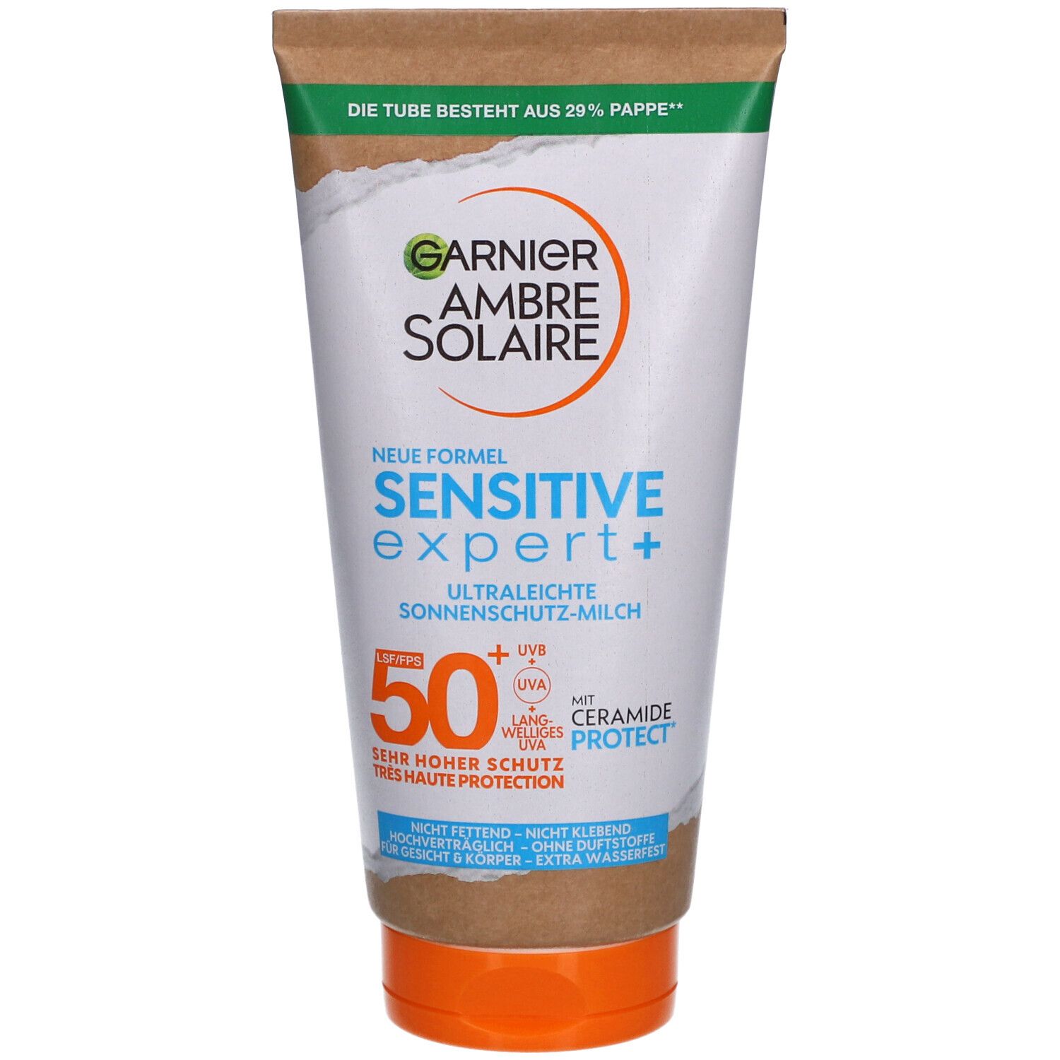 Sonnenmilch-Tube. Garnier Ambre Solaire Sensitive Expert + SPF50+. Weiß, braun und grün. Text: Sensitive Expert +, SPF 50.