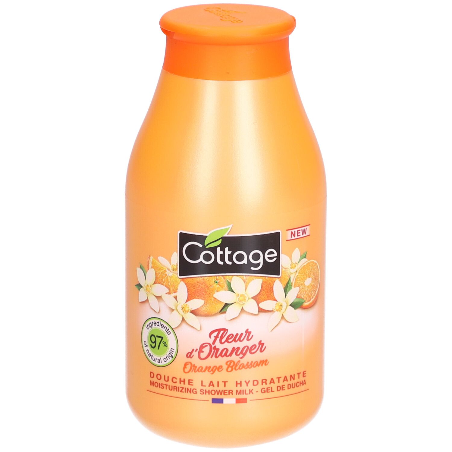 Flacon orange avec étiquette. Illustrations de fleurs d'oranger et texte. "97% ingrédients naturels".