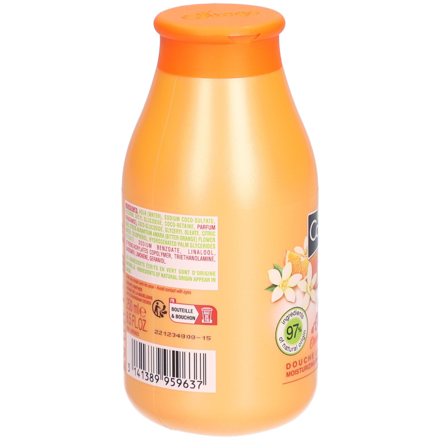 Dos d'un flacon orange. Contient du texte avec ingrédients et informations. Avec illustrations de fleurs d'oranger.