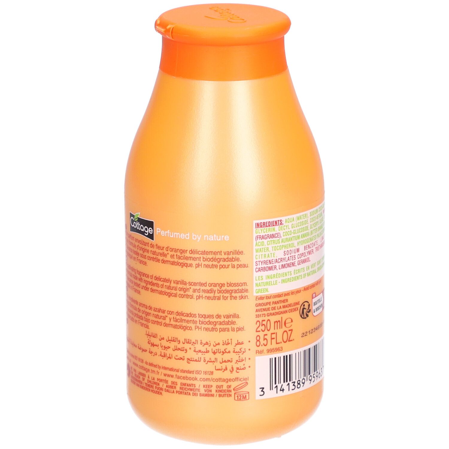 Dos d'un flacon orange. Contient du texte avec ingrédients et informations. Avec illustrations de fleurs d'oranger.