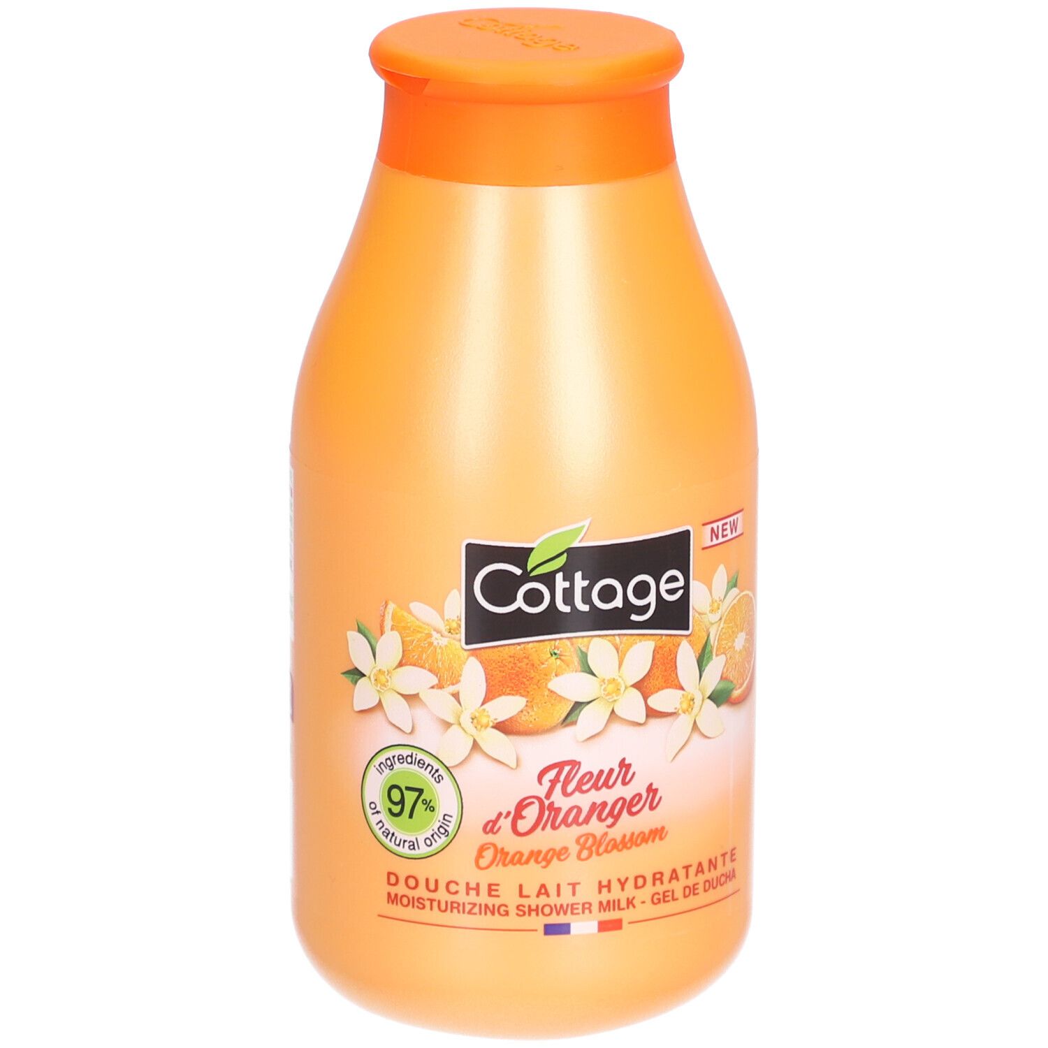 Flacon orange avec étiquette. Illustrations de fleurs d'oranger et texte. "97% ingrédients naturels".