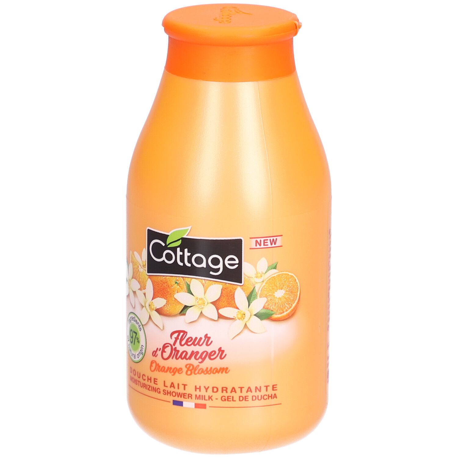 Flacon orange avec étiquette. Illustrations de fleurs d'oranger et texte. "97% ingrédients naturels".