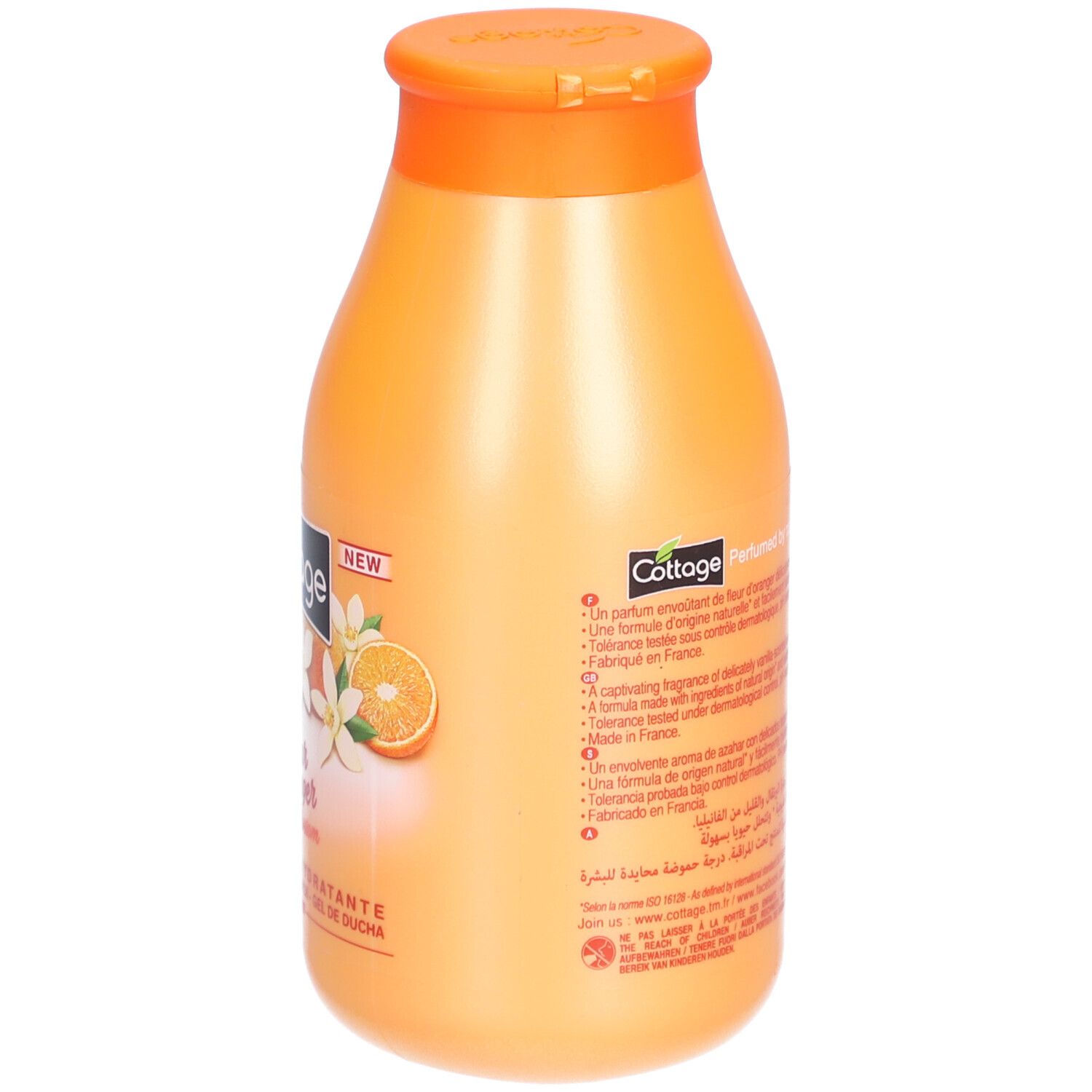 Dos d'un flacon orange. Contient du texte avec ingrédients et informations. Avec illustrations de fleurs d'oranger.