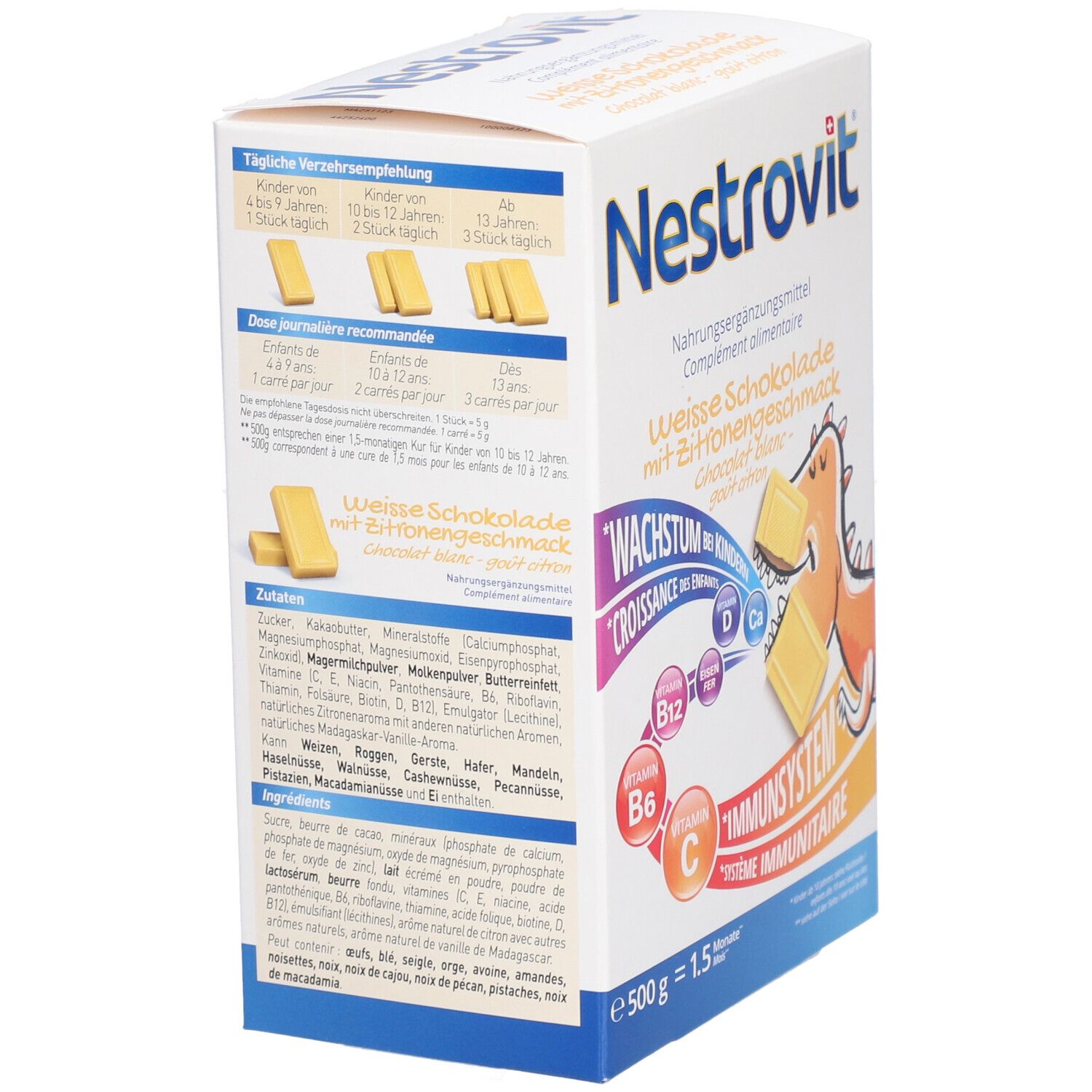 Rückseite der Nestrovit-Verpackung. Enthält Informationen zu Zutaten und Dosierungsempfehlungen.