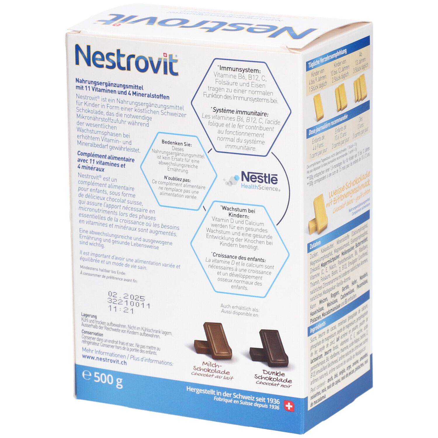 Rückseite der Nestrovit-Verpackung. Enthält Informationen zu Vitaminen, Mineralstoffen und Hersteller.