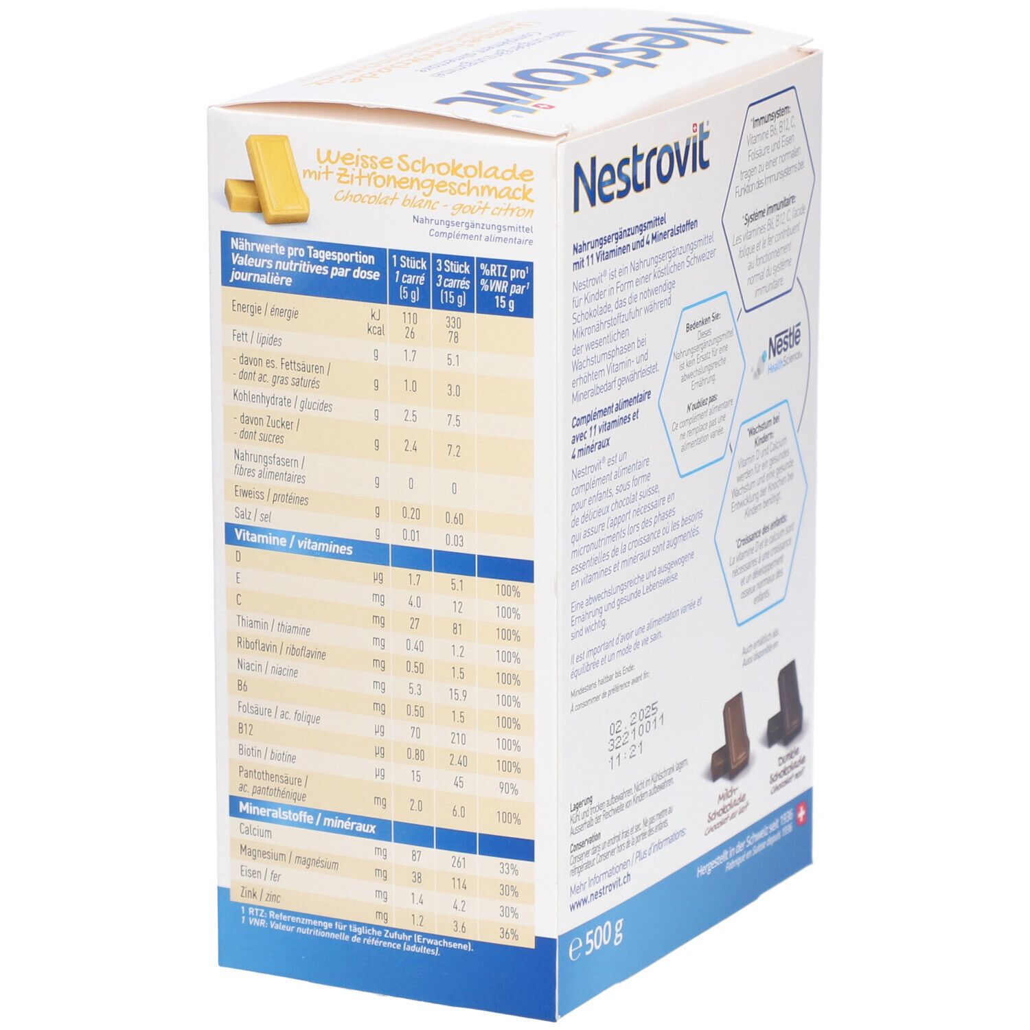 Seite der Nestrovit-Verpackung. Enthält Nährwertangaben und Informationen zur täglichen Dosis.