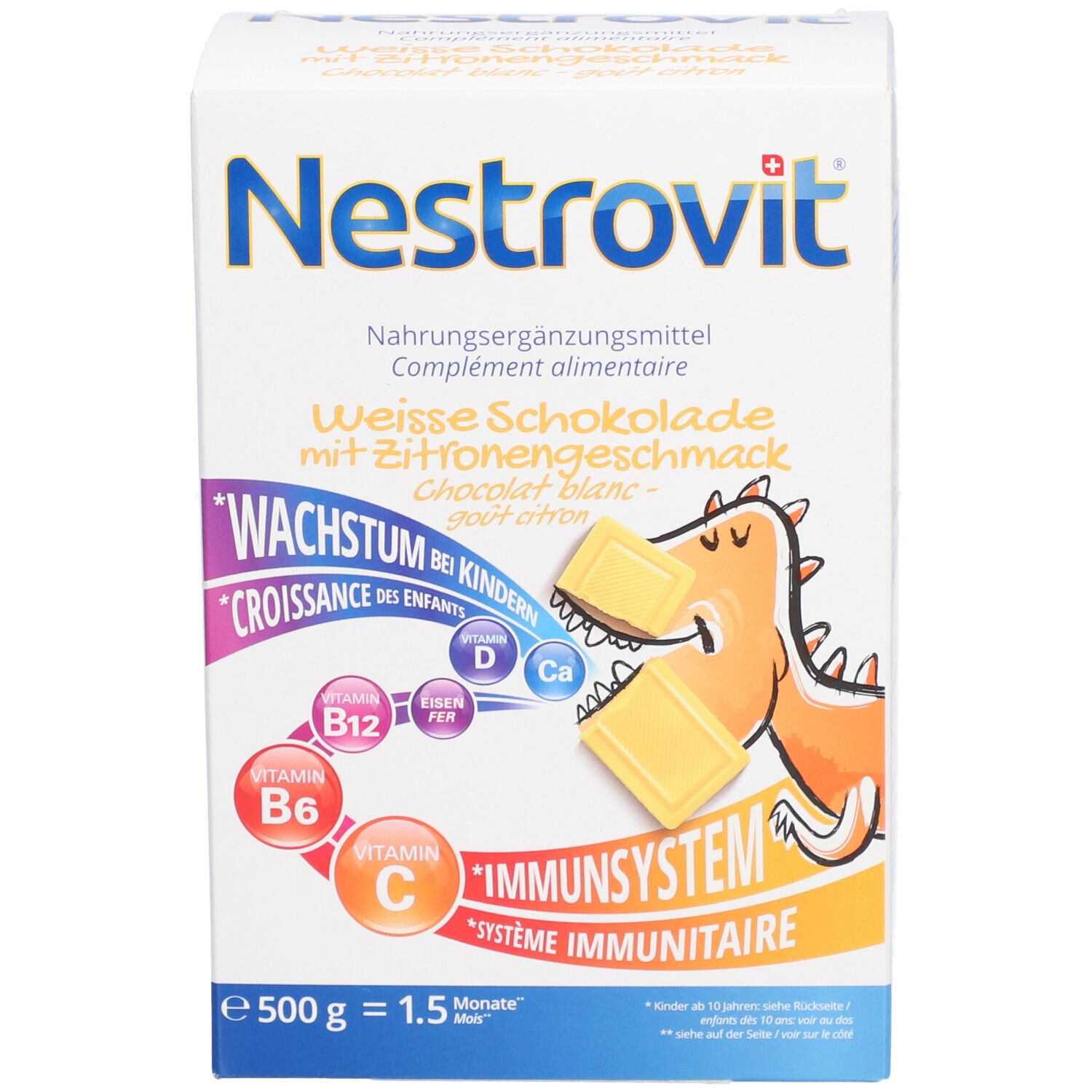 Vorderseite der Nestrovit-Verpackung. Zeigt Produktname, Illustrationen und Produktmerkmale.