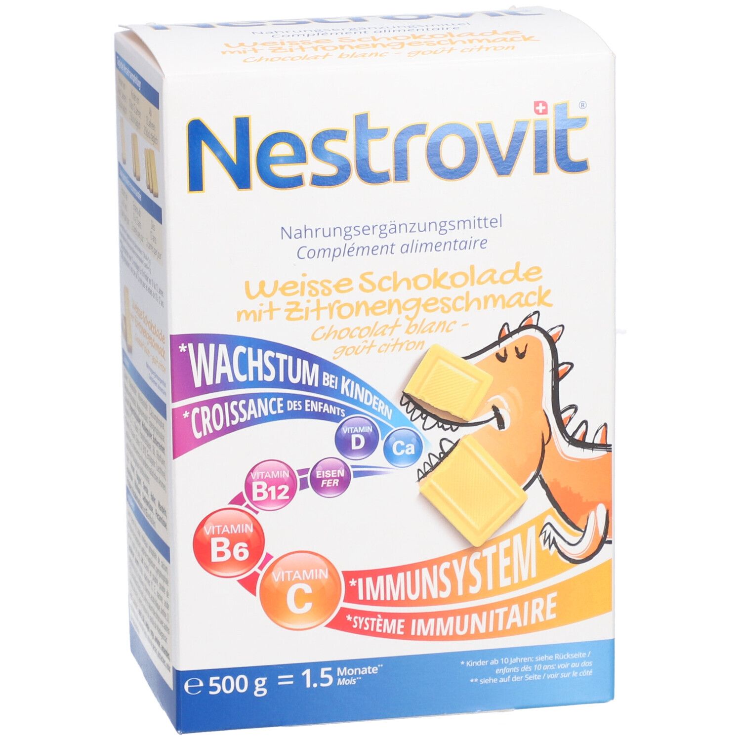 Vorderseite der Nestrovit-Verpackung. Zeigt Produktname, Illustrationen und Produktmerkmale.