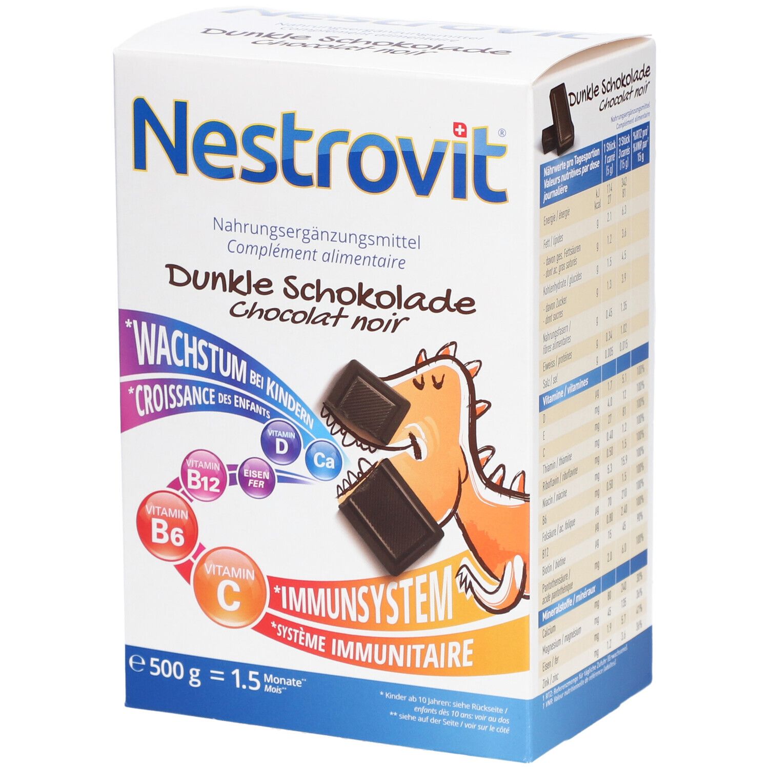 Verpackung von Nestrovit Dunkle Schokolade. Enthält ein Bild von Schokoladenstücken und einem Cartoon-Dino.