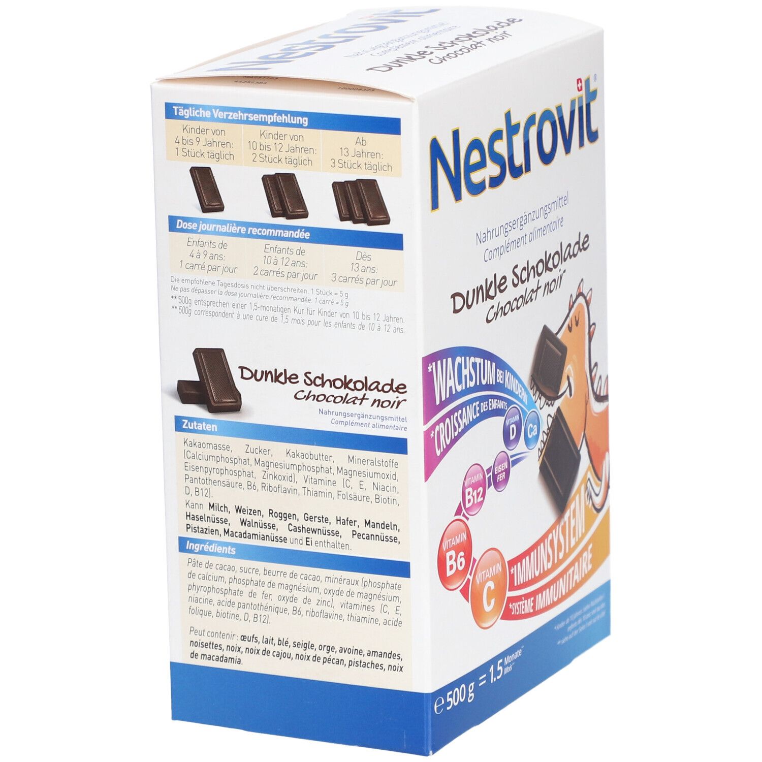 Rückseite der Nestrovit Dunkle Schokolade Verpackung. Zeigt Dosierungsempfehlungen und Zutatenliste.