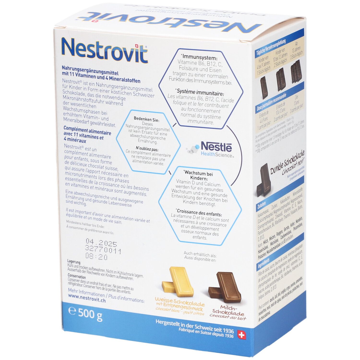 Rückseite der Nestrovit Dunkle Schokolade Verpackung. Enthält Informationen zu Vitaminen und Mineralstoffen.