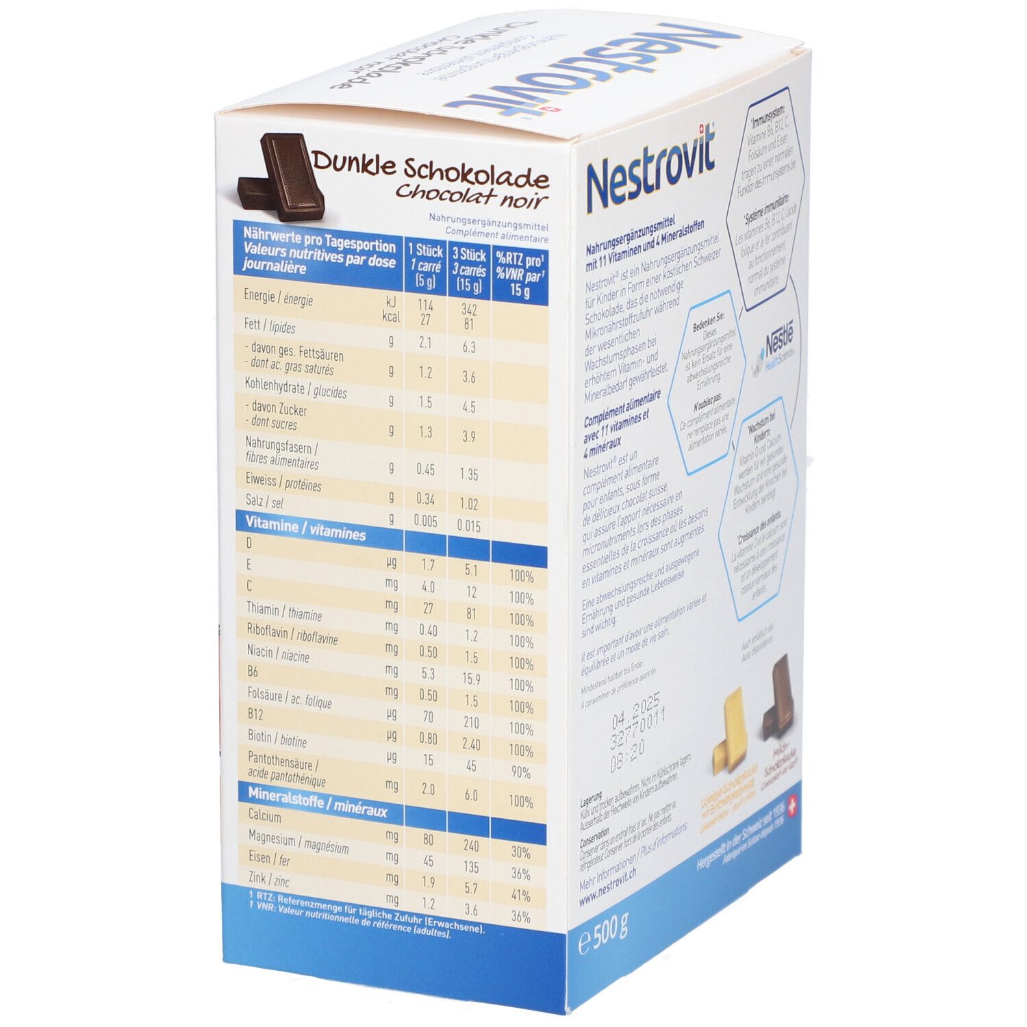 Rückseite der Nestrovit Dunkle Schokolade Verpackung. Zeigt Nährwertangaben und Vitamininformationen.