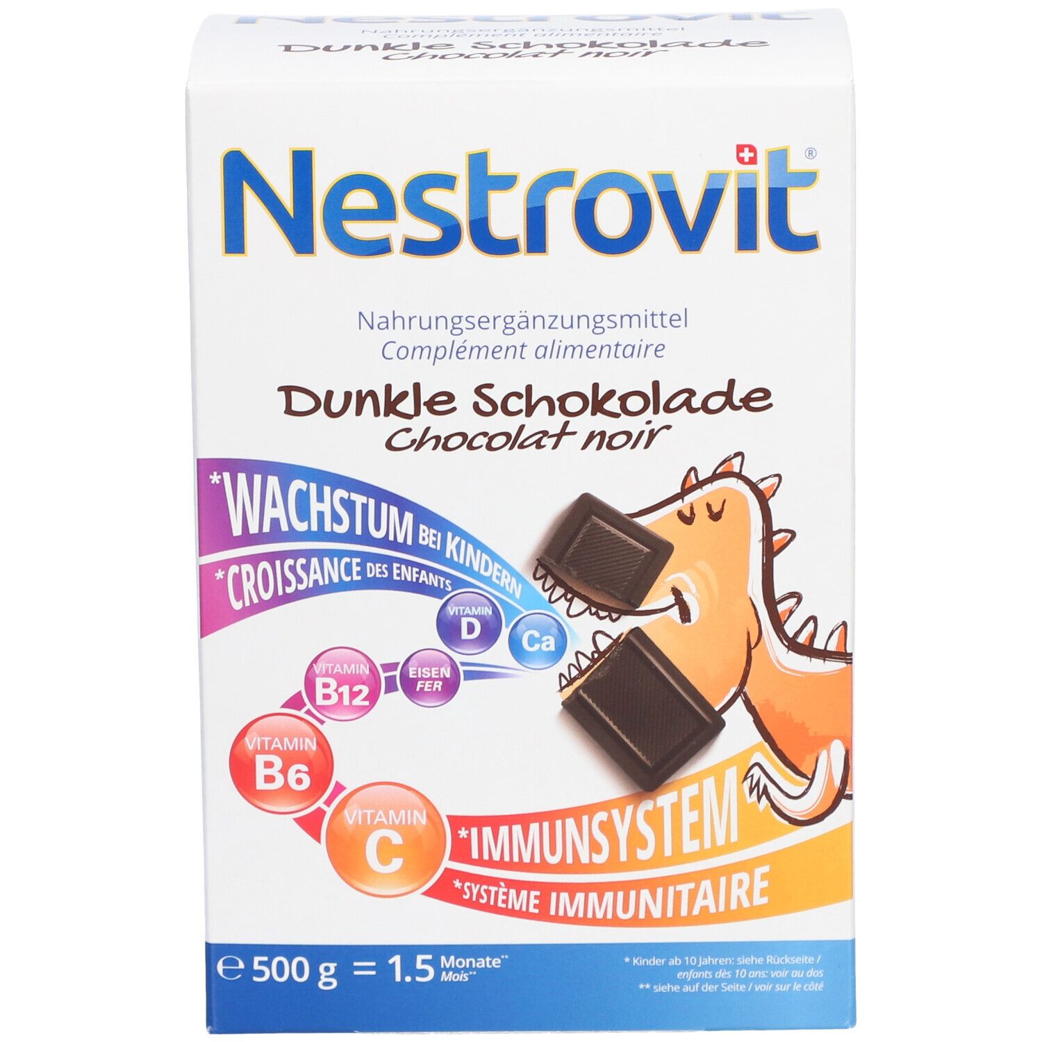 Vorderseite der Nestrovit Dunkle Schokolade Verpackung. Zeigt Schokoladenstücke und einen Cartoon-Dino.