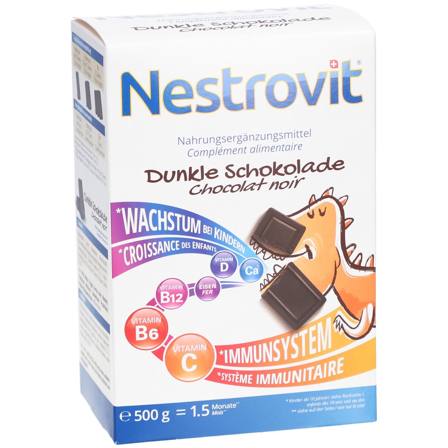 Vorderseite der Nestrovit Dunkle Schokolade Verpackung. Zeigt Schokoladenstücke und einen Cartoon-Dino.