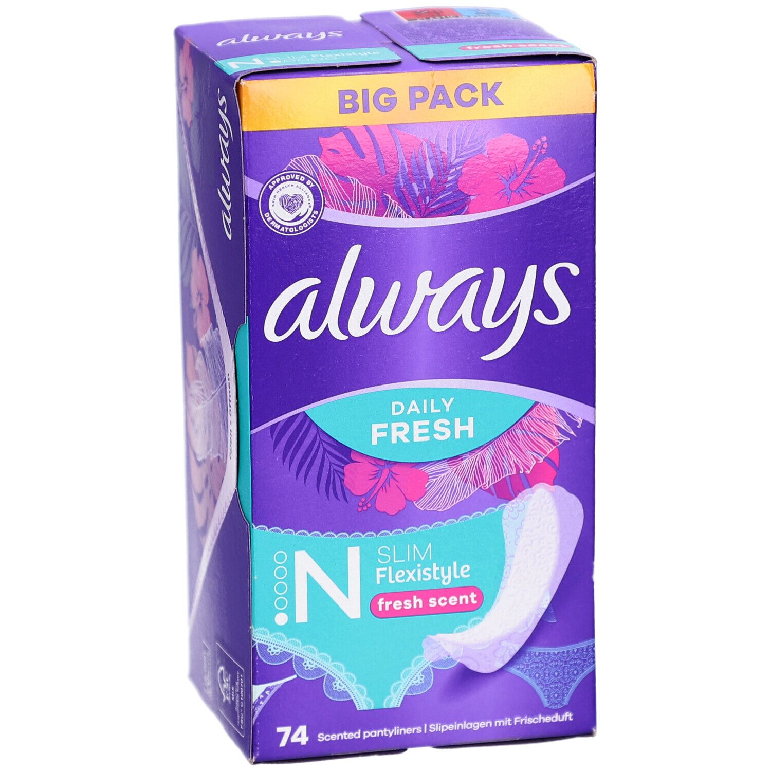 Always Slipeinlagen-Verpackung. Lila Schachtel mit Produktabbildung und Schriftzug. Enthält 74 Slipeinlagen.