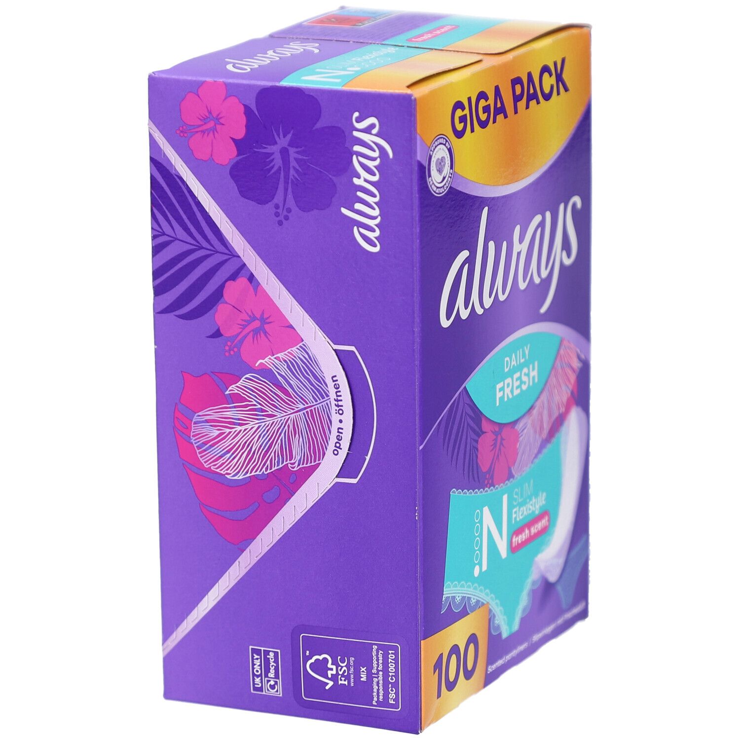 Always Slipeinlagen Verpackung, Seitenansicht. Lila Box mit Always Logo und Produktnamen. GIGA PACK.