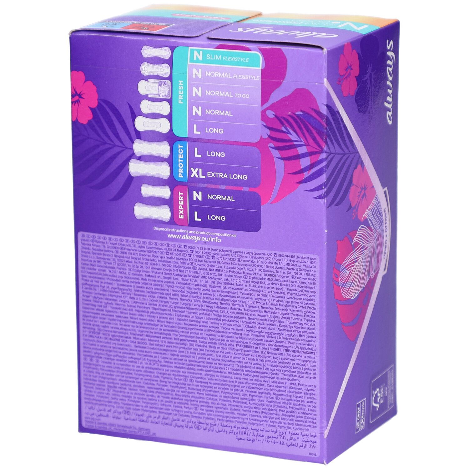 Rückseite der Always Slipeinlagen Verpackung. Produktinformationen und Größenübersicht. Lila Hintergrund.