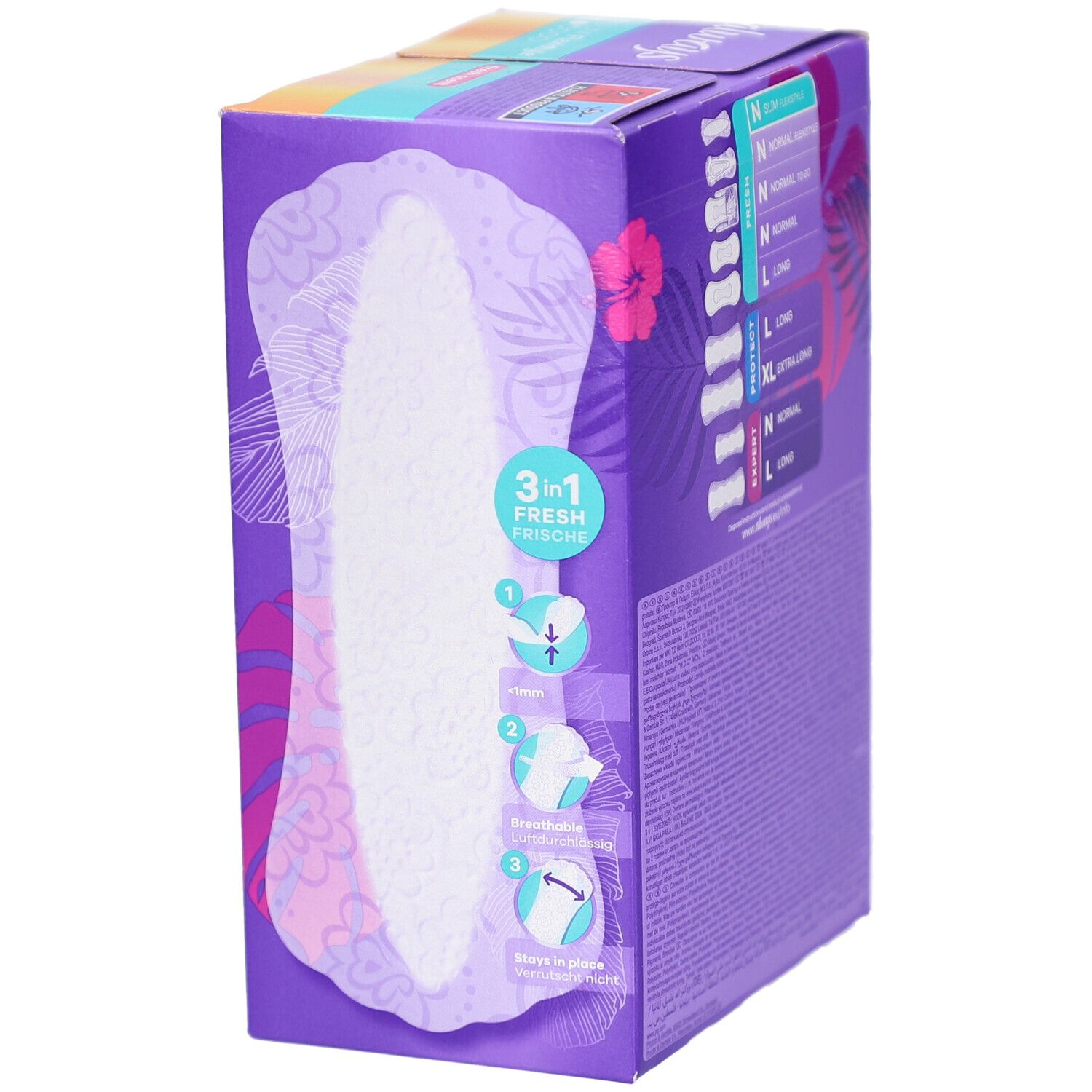 Always Slipeinlagen Verpackung, Seitenansicht. Lila Box mit Produktinformationen und Größen. 3-in-1-Funktion.