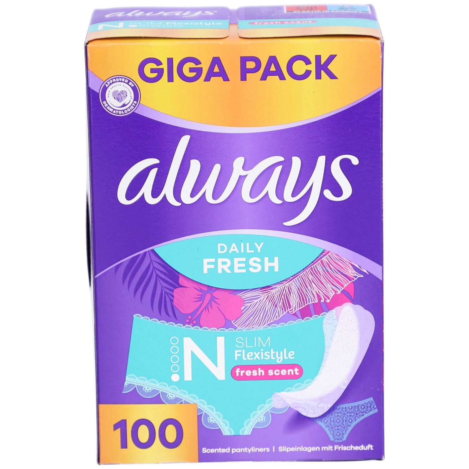 Always Slipeinlagen Verpackung. Lila Box mit Always Logo und Produktnamen. GIGA PACK. 100 Stück.