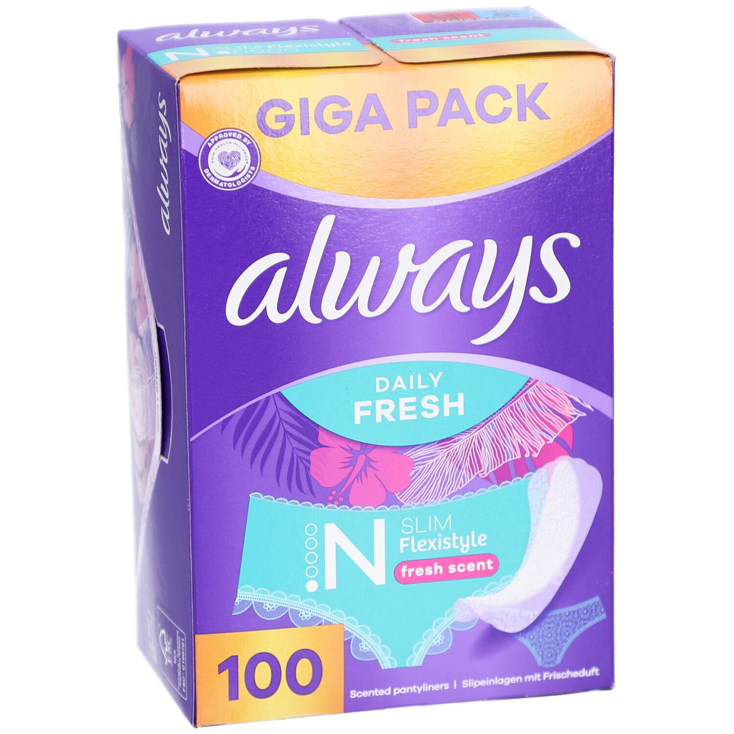 Always Slipeinlagen Verpackung. Lila Box mit Always Logo und Produktnamen. GIGA PACK. 100 Stück.