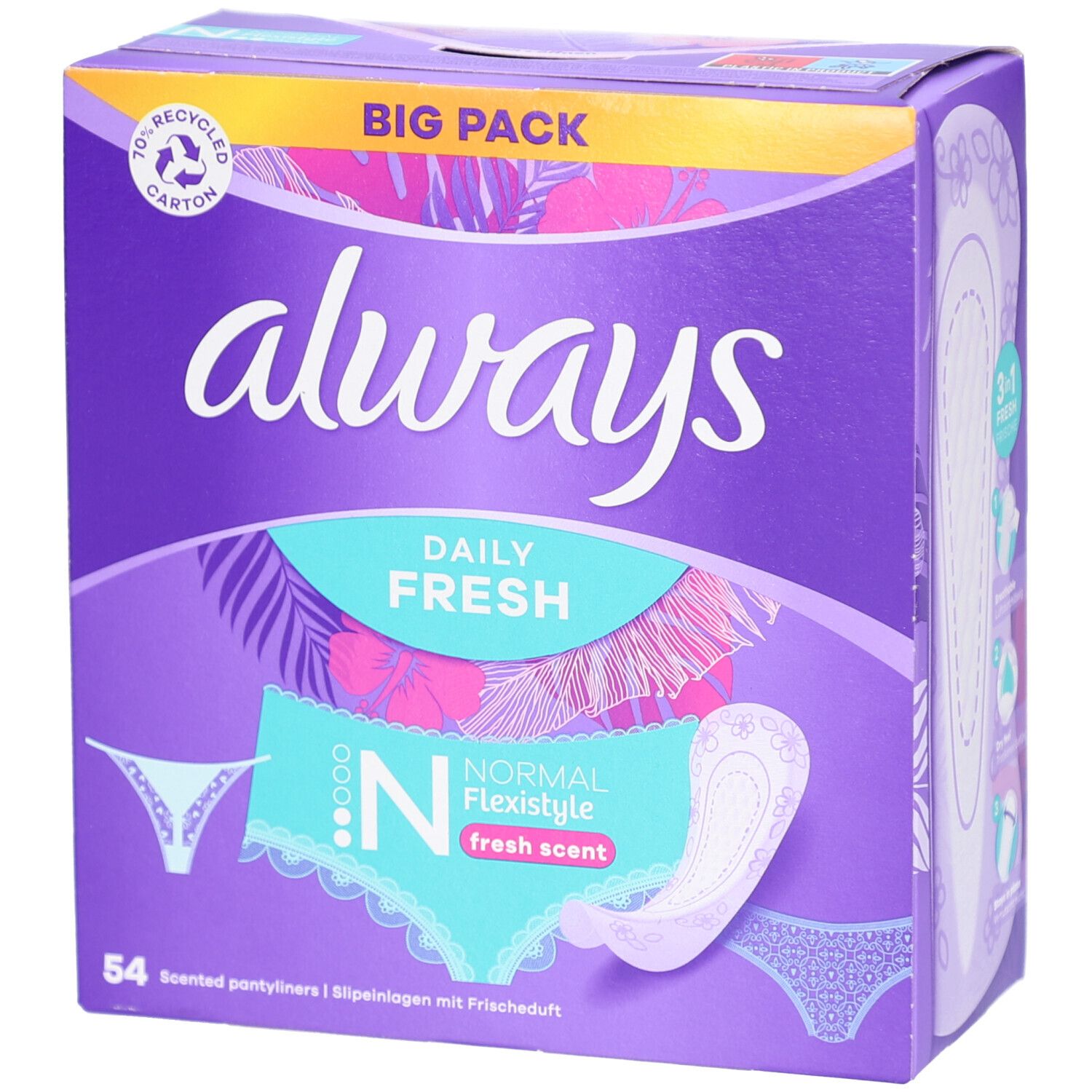 Lila Karton mit Always-Schriftzug. Aufschrift: Daily Fresh, Normal Flexistyle, fresh scent. 54 Slipeinlagen. 70% recyceltes Karton.