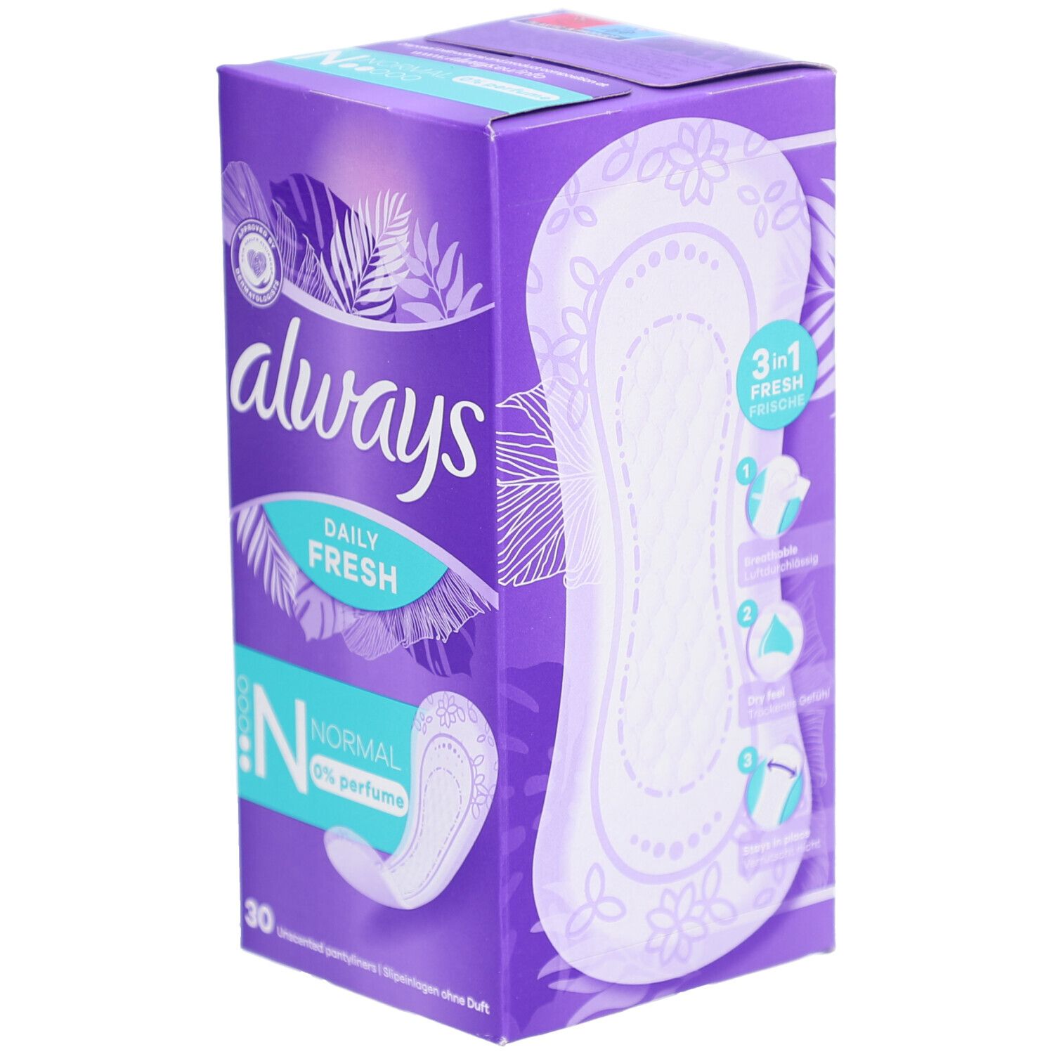 Verpackung von ALWAYS Slipeinlagen. Lila Schachtel mit Produktabbildung und Schriftzug. Enthält 30 Stück. "Normal" und "0% perfume" sind angegeben.