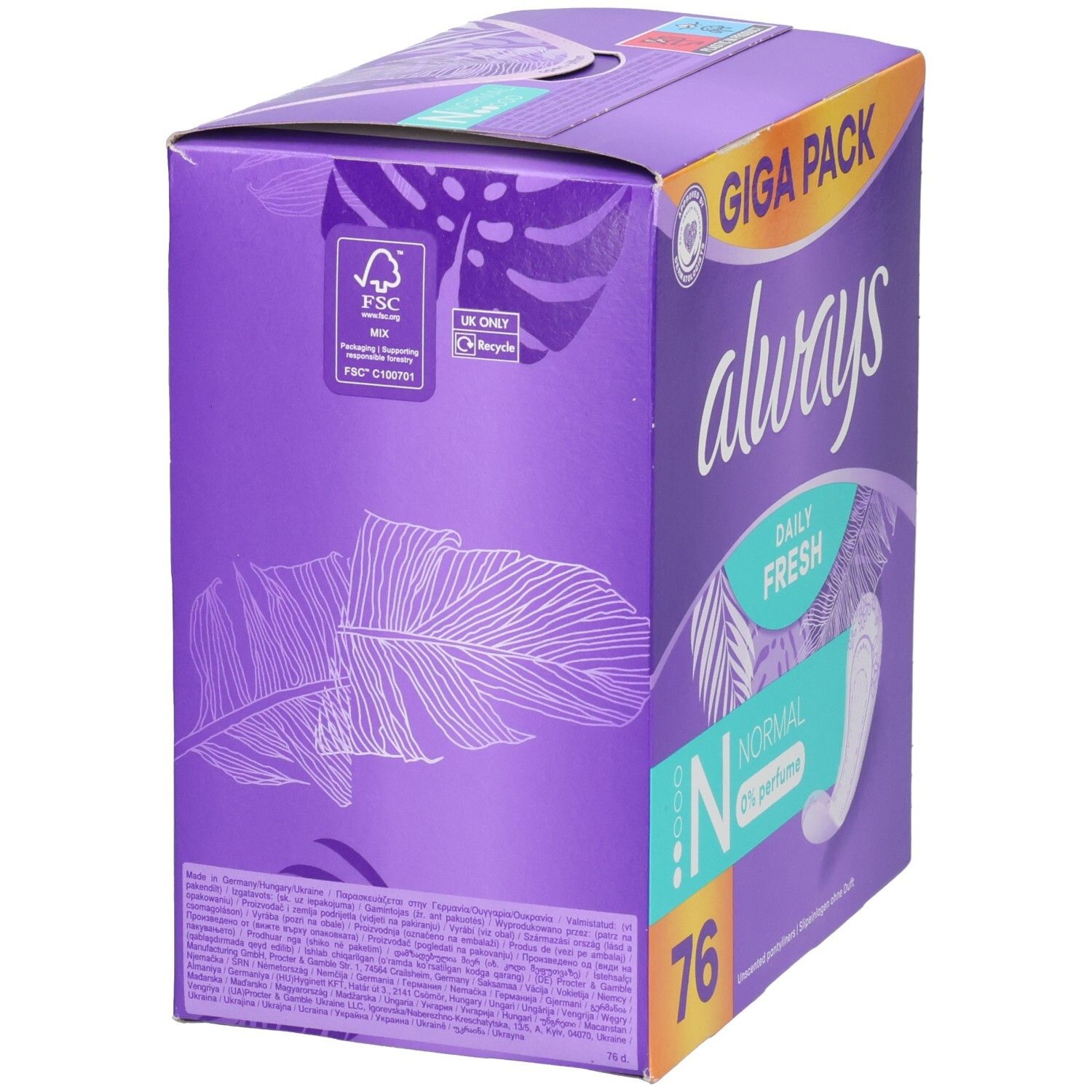Rückseite der Always Daily Fresh Slipeinlagen Normal Packung mit Produktinformationen und FSC-Siegel.