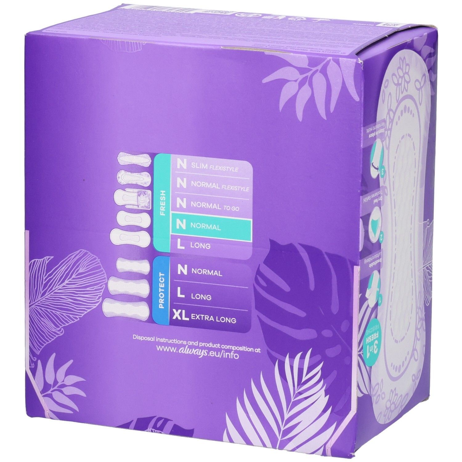 Seitenansicht der Always Daily Fresh Slipeinlagen Normal Packung mit Grössenübersicht.