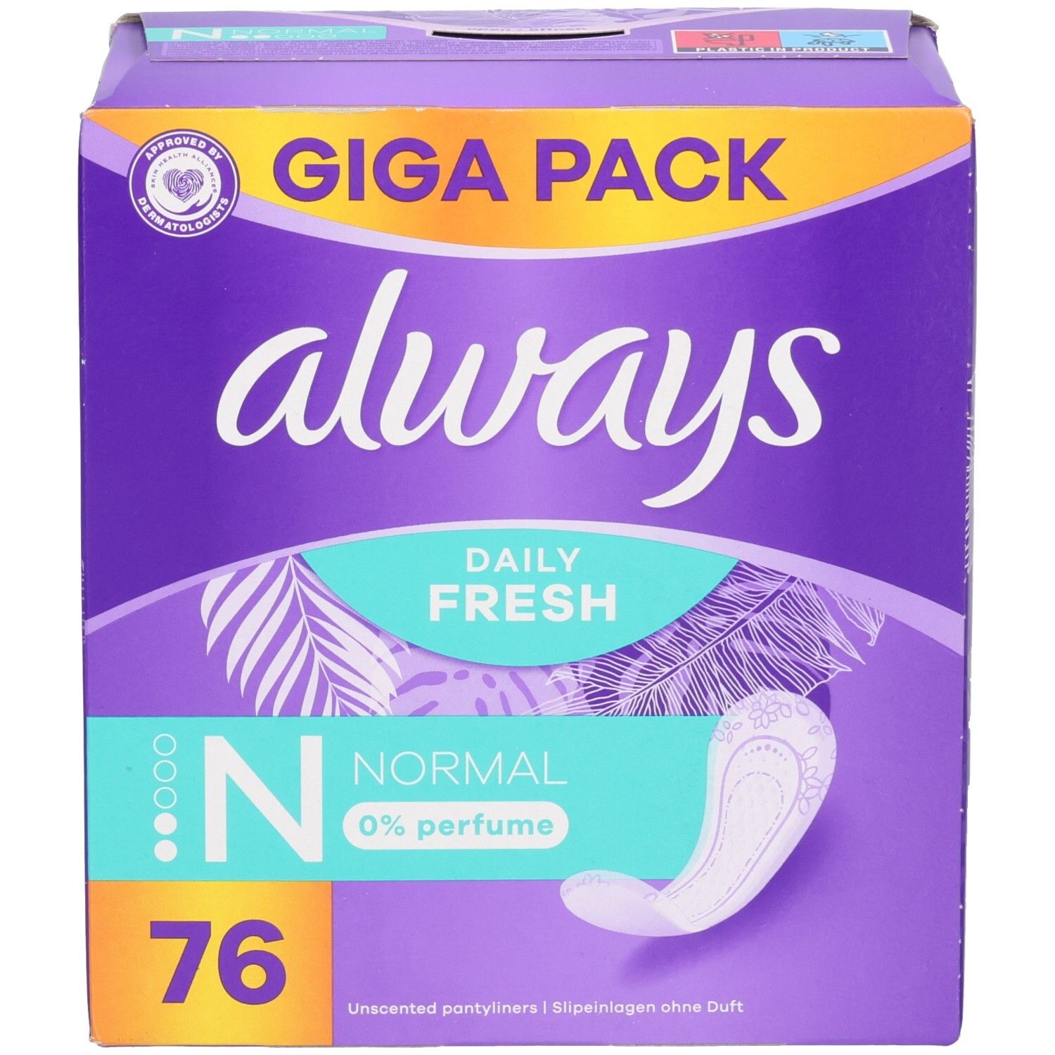 Always Daily Fresh Slipeinlagen Normal, 76 Stück, 0% Parfüm. Giga Pack mit Dermatologically Approved Siegel.