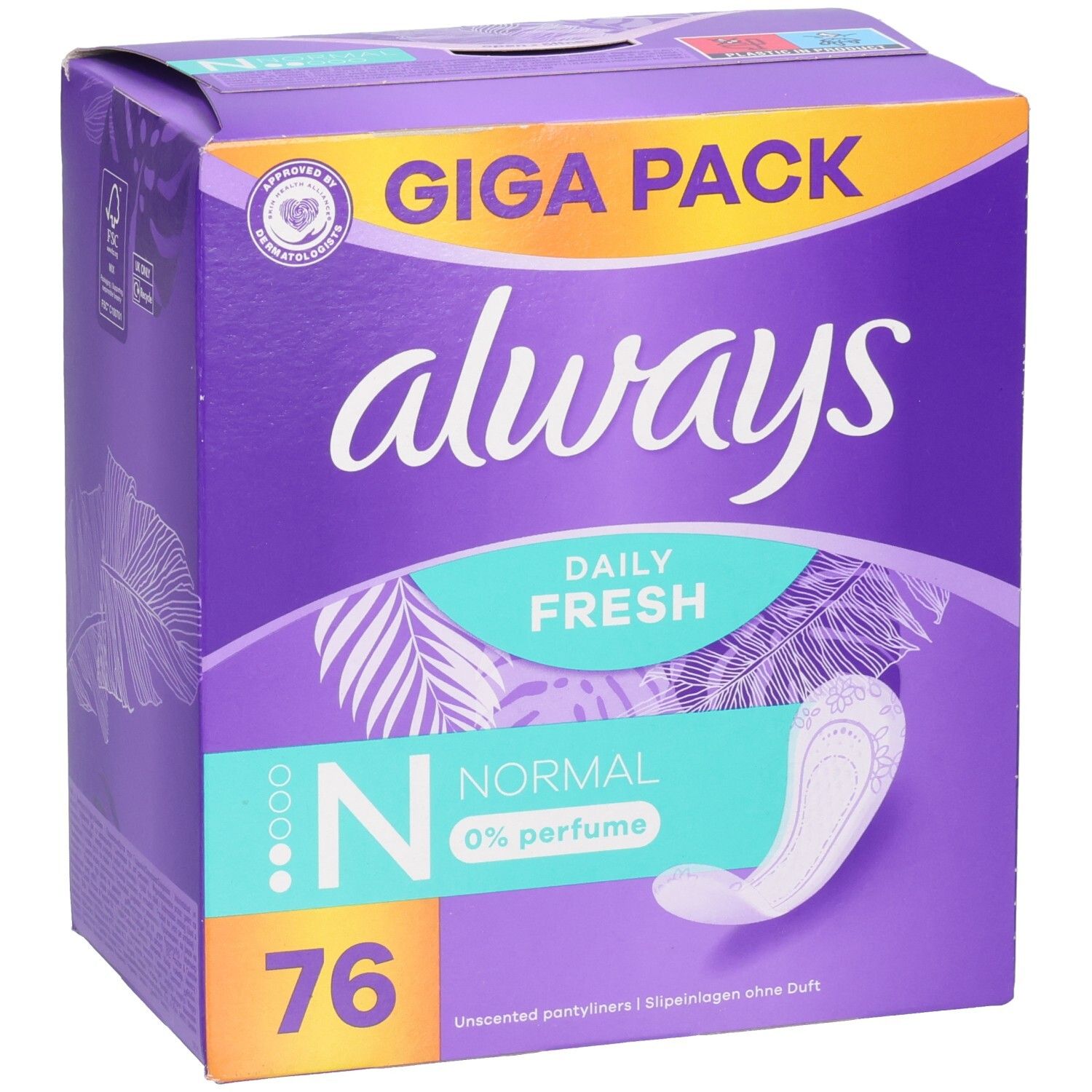 Always Daily Fresh Slipeinlagen Normal, 76 Stück, 0% Parfüm. Giga Pack.