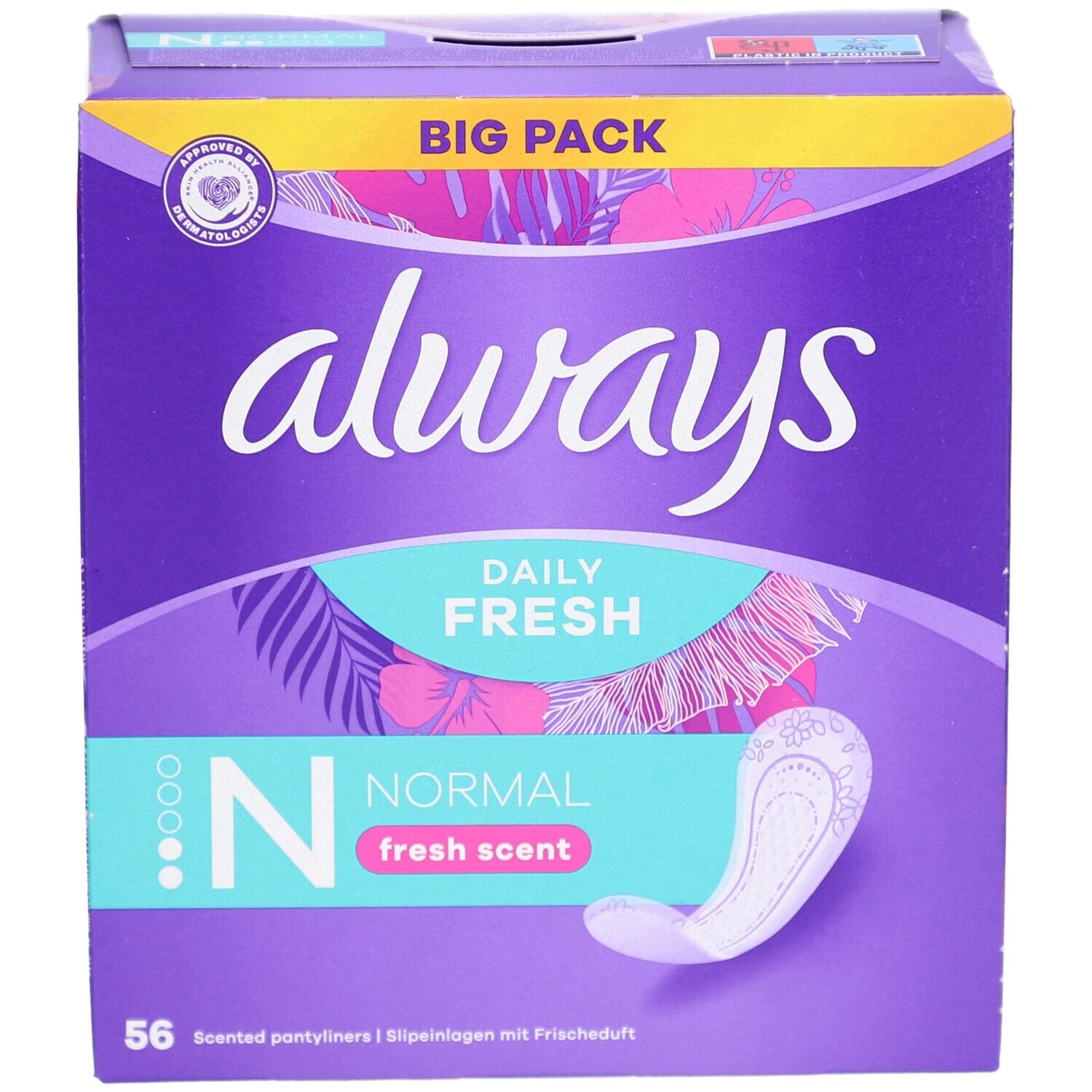 Always Daily Fresh Box. Lila Verpackung mit Always-Logo, Produktbezeichnung und Protège-slip. 56 Stück.