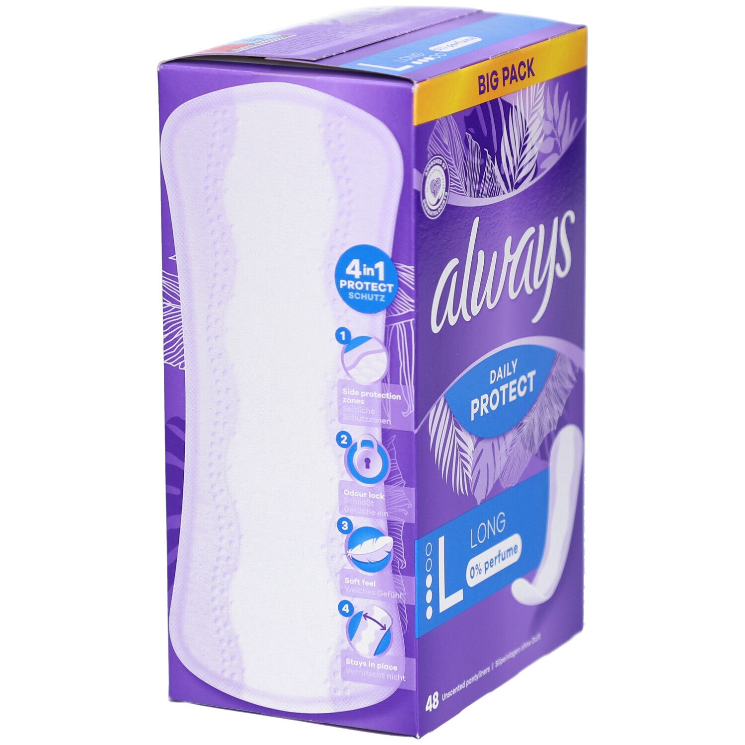 Lila Always-Verpackung mit Daily Protect Long Slipeinlagen. Zeigt 4-in-1 Schutz. Produktabbildung und Produktinformationen.